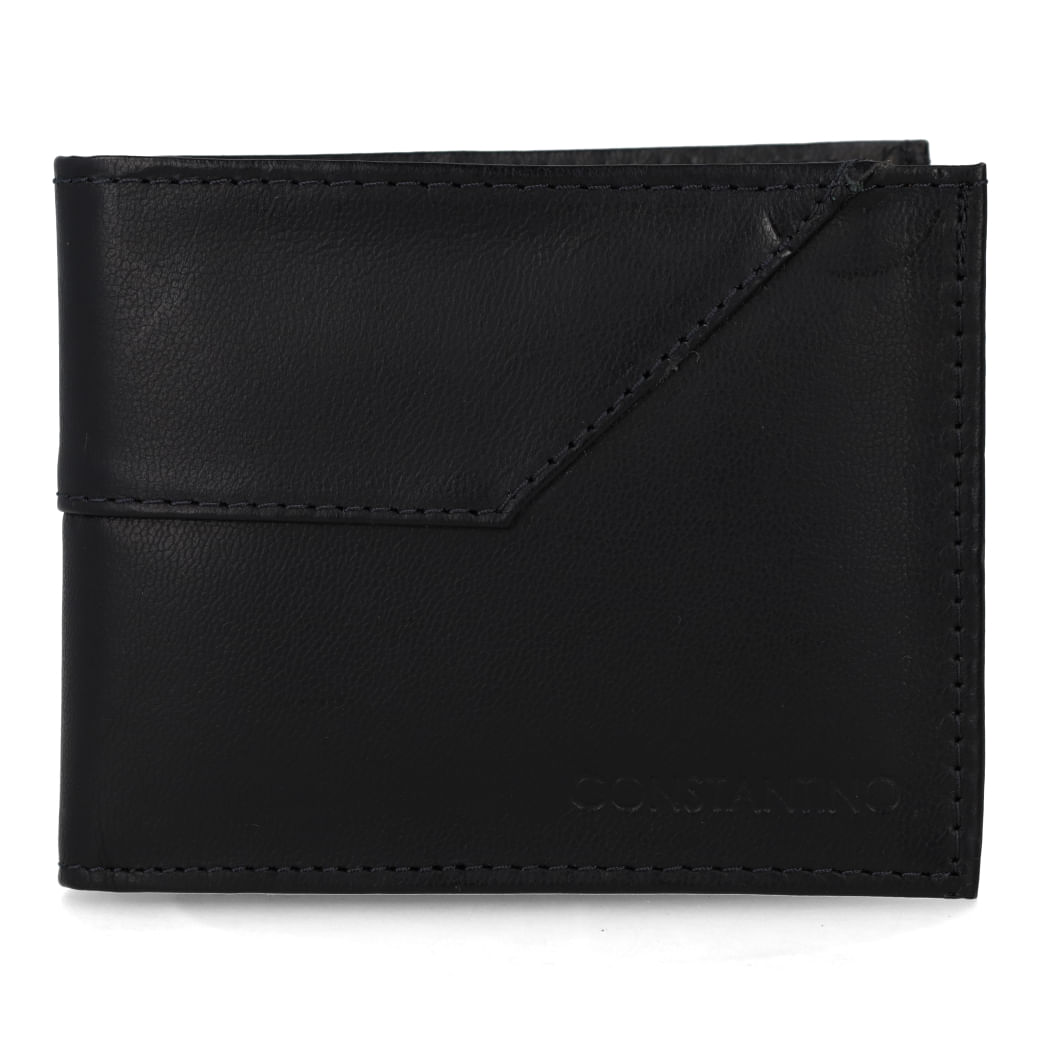Carteira masculina Constantino em couro sintético preto, vista frontal fechada com logo da marca e detalhes de costura